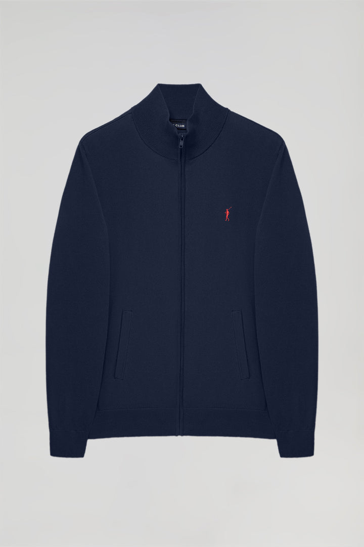 Navy-blue cotton cardigan with zip and Rigby Go embroidery