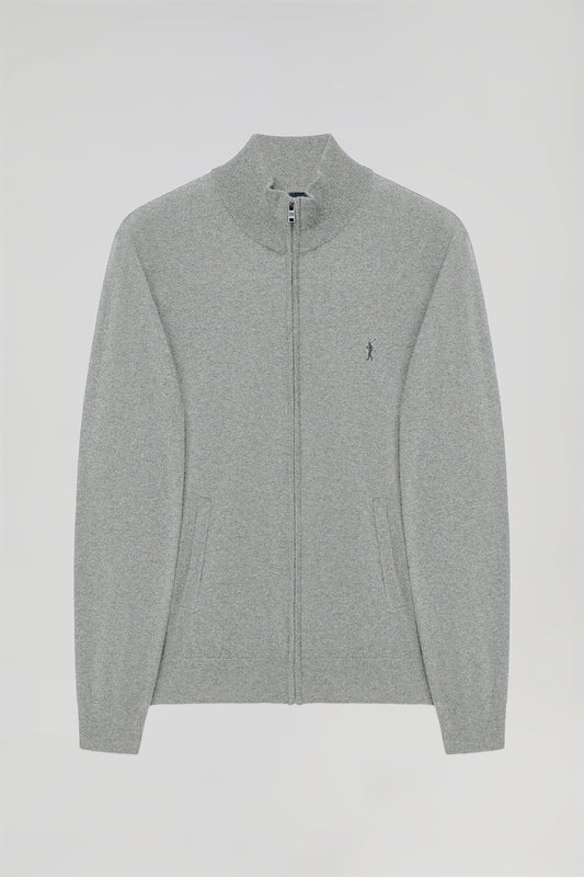 Grey-marl cotton cardigan with zip and Rigby Go embroidery