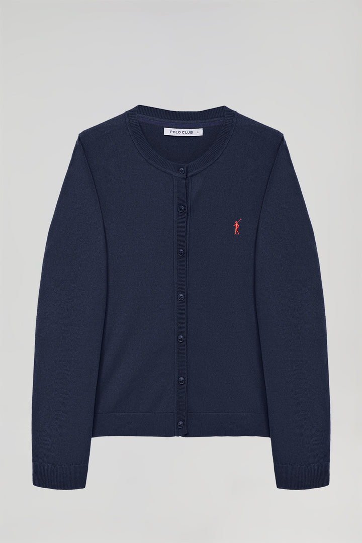 Navy-blue knit cardigan with buttons and embroidered Rigby Go logo