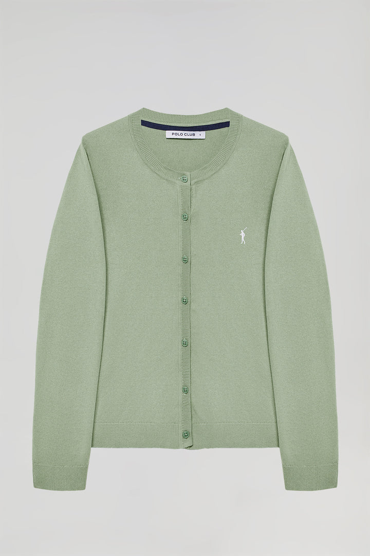 Jade-green knit cardigan with buttons and embroidered Rigby Go logo