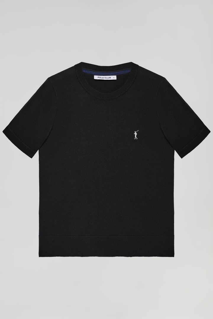 Camisola preta de malha com decote redondo de manga curta e logotipo bordado Rigby Go