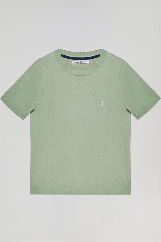 Jade-green short-sleeve round-neck knit jumper with Rigby Go logo