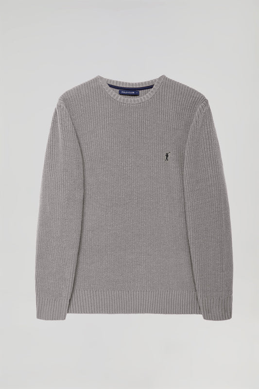 Grey-marl 9-gauge knit jumper with Rigby Go logo