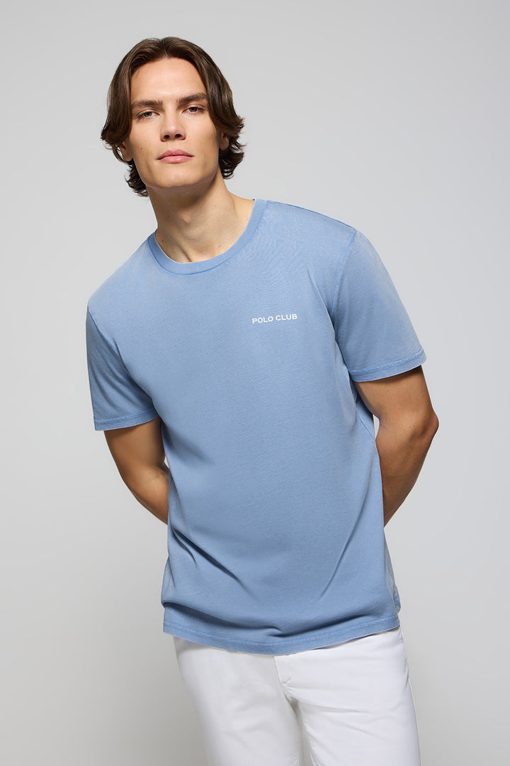 T-shirt orgânica vintage azul celeste com pormenor Polo Club