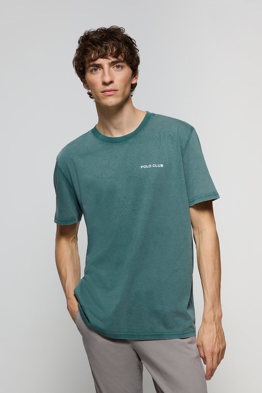 T-shirt orgânica vintage cor água-marinha com pormenor Polo Club