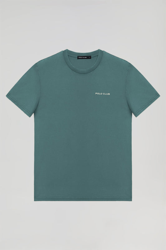 T-shirt orgânica vintage cor água-marinha com pormenor Polo Club