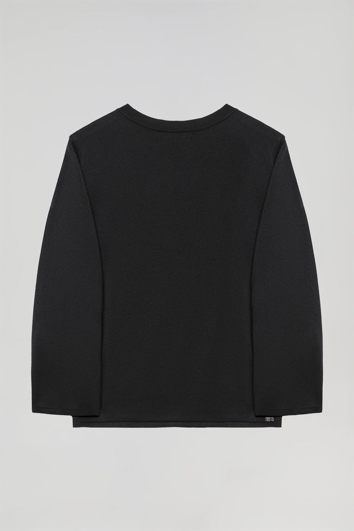 Black round-neck jumper with pearly button detail