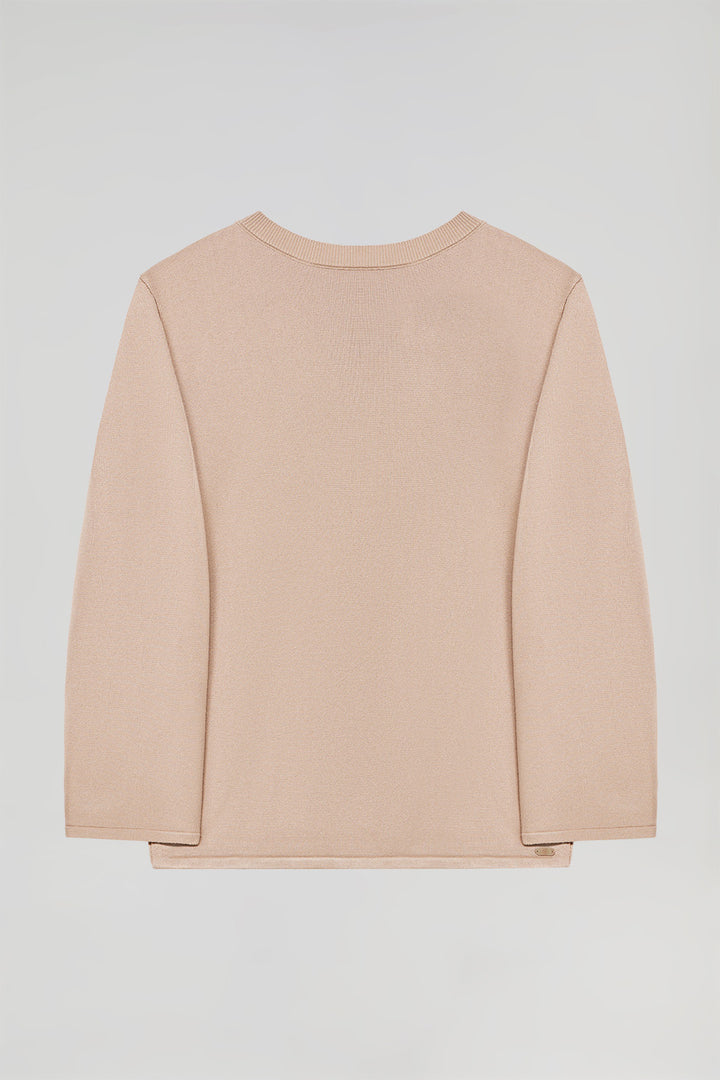 Soft-brown round-neck jumper with pearly button detail
