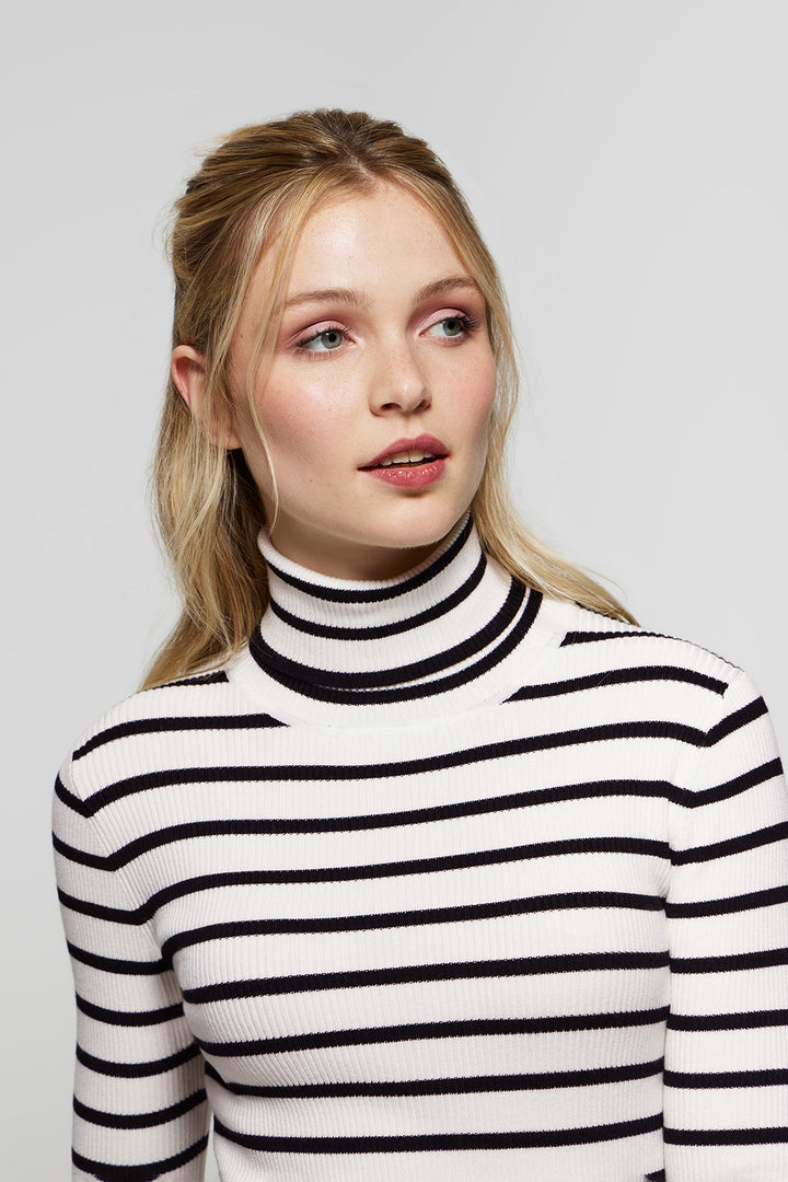 Navy-blue and beige turtleneck striped jumper with Polo detail