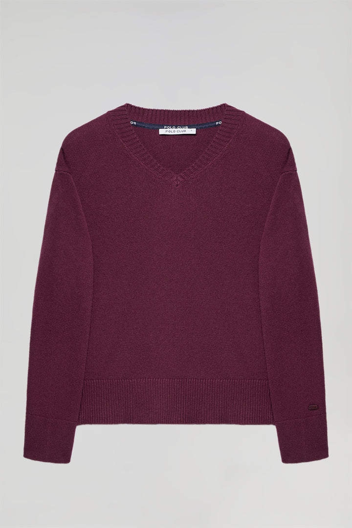 Maroon V-neck knit jumper with Polo Club detail