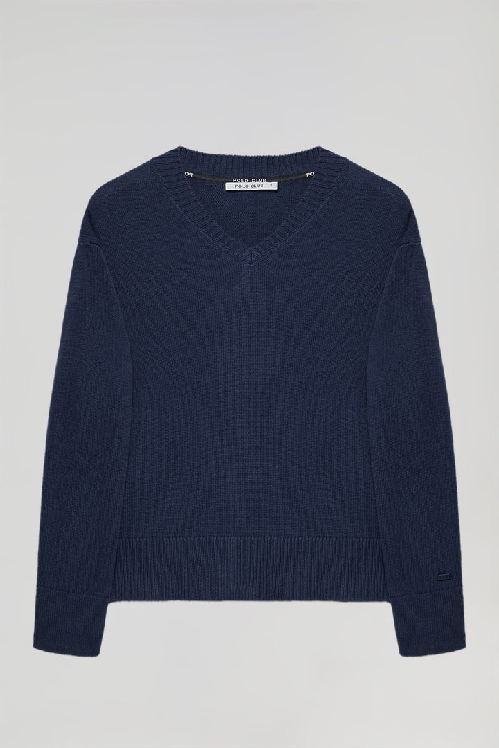 Blue V-neck knit jumper with Polo Club detail