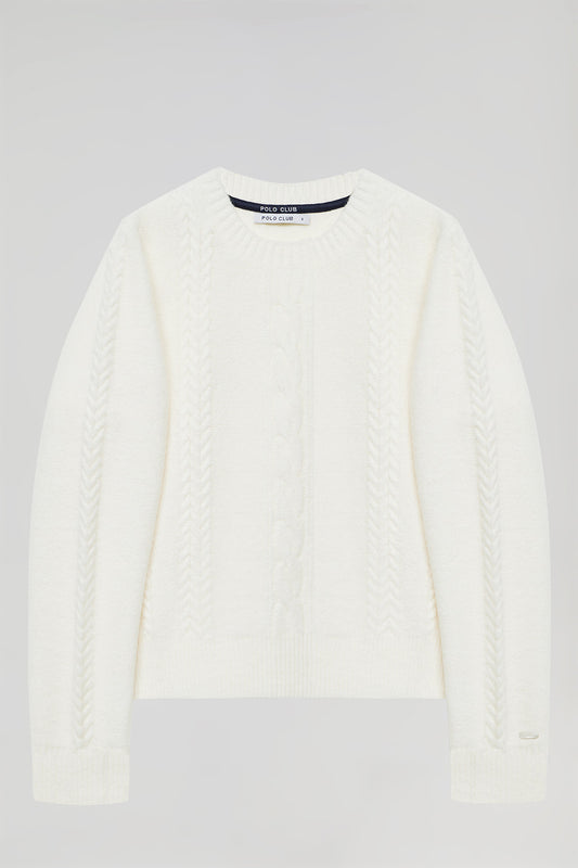 Beige round-neck plaited knit jumper with Polo Club sleeve detail