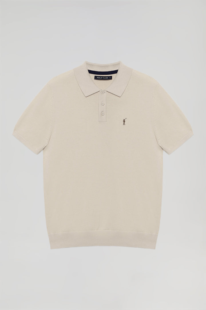 Beige knit polo shirt with Rigby Go embroidery