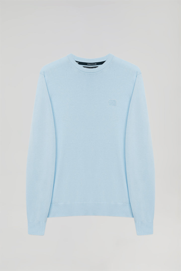 Sky-blue round-neck basic jumper with embroidered logo in matching colour
