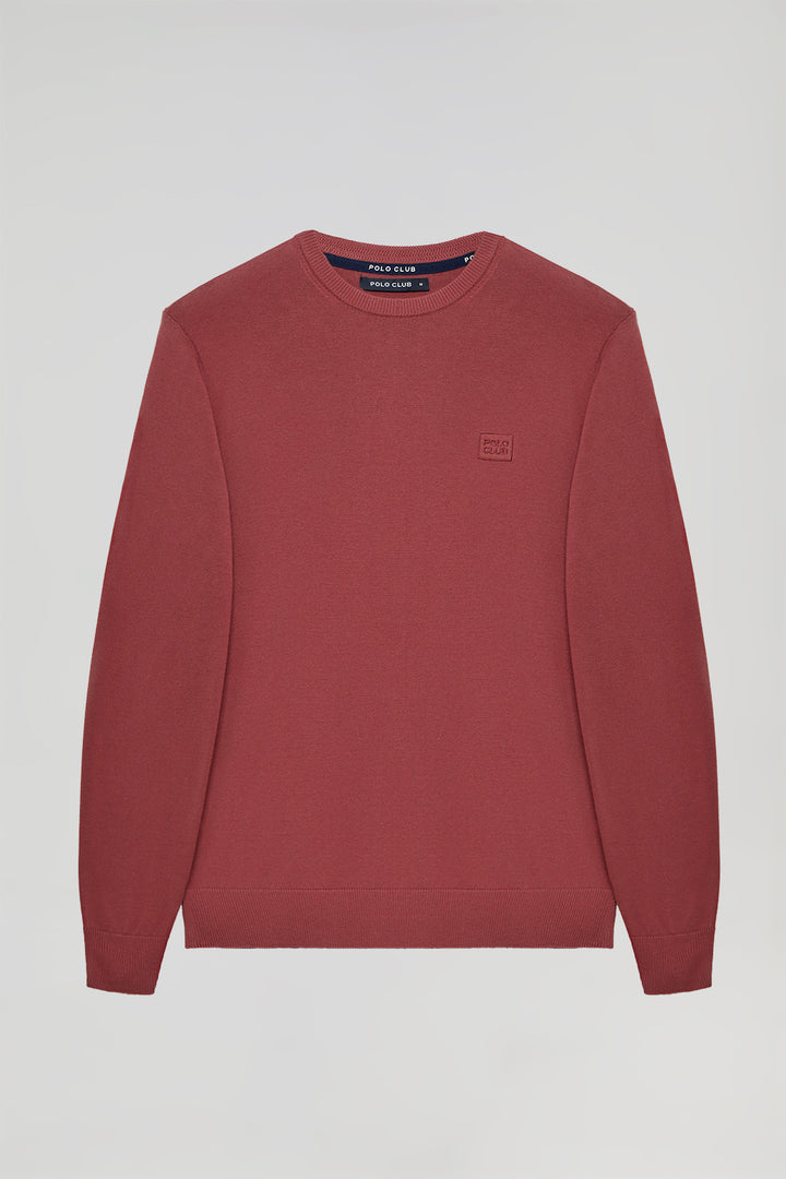 Terracotta round-neck basic jumper with embroidered logo in matching colour
