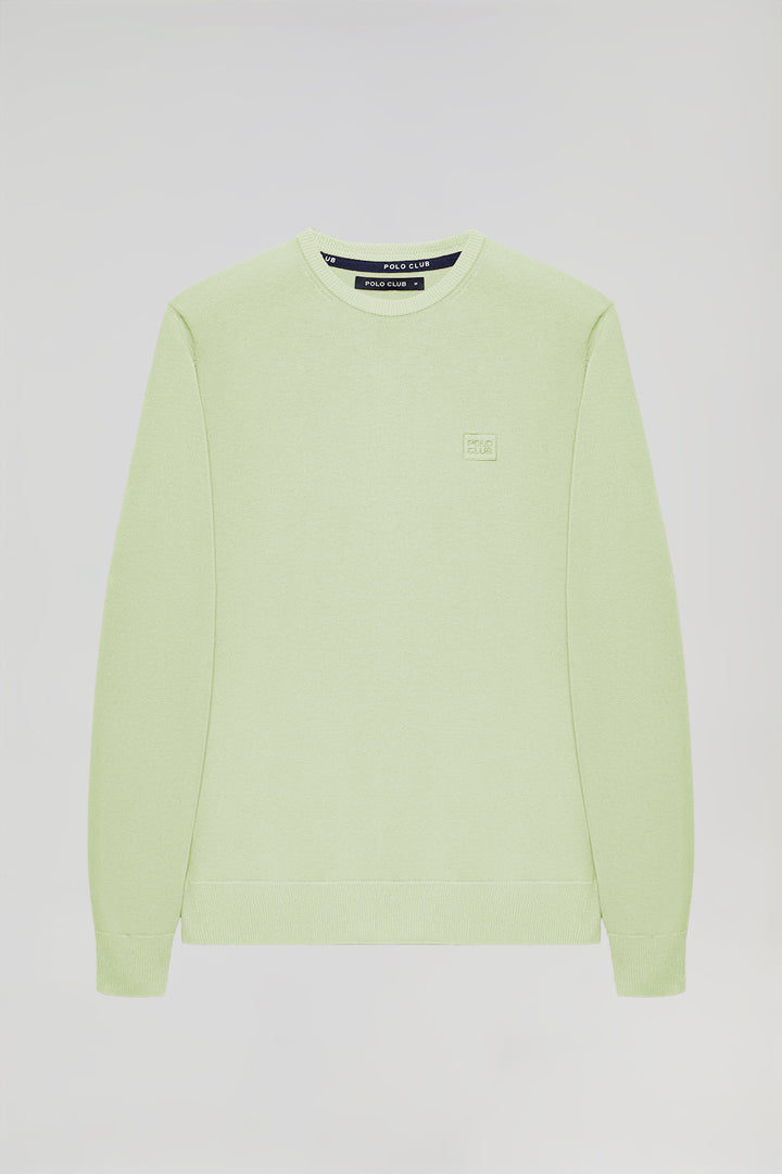 Light-green round-neck basic jumper with embroidered logo in matching colour