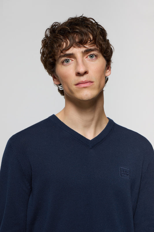 Navy-blue V-neck basic jumper with embroidered logo in matching colour
