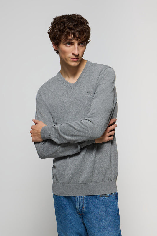 Grey-marl V-neck basic jumper with embroidered logo in matching colour