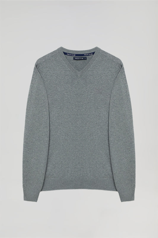 Grey-marl V-neck basic jumper with embroidered logo in matching colour