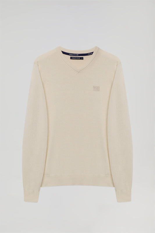 Beige V-neck basic jumper with embroidered logo in matching colour