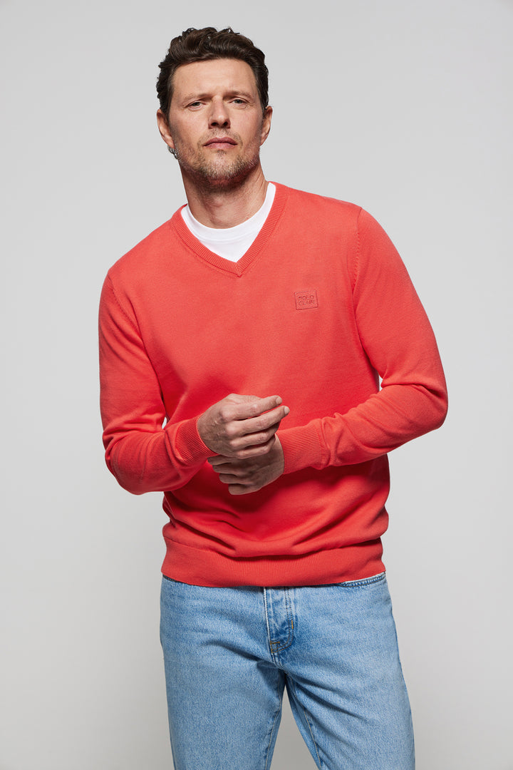 Coral V-neck basic jumper with embroidered logo in matching colour