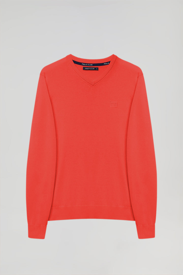 Coral V-neck basic jumper with embroidered logo in matching colour