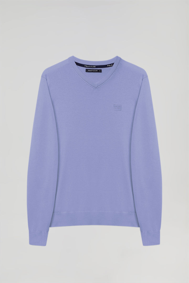 Lavender-blue V-neck basic jumper with embroidered logo in matching colour
