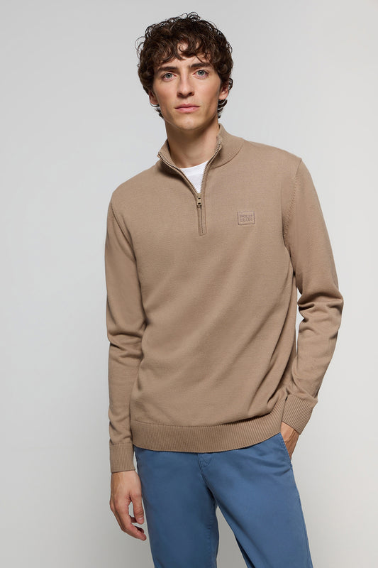 Light-brown basic jumper with zip and embroidered logo in matching colour