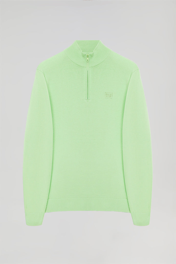 Camisola básica verde maçã com fecho de correr e logotipo bordado no mesmo tom