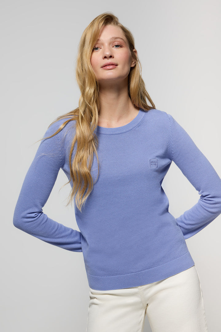 Lavender-blue round-neck basic jumper with embroidered logo in matching colour