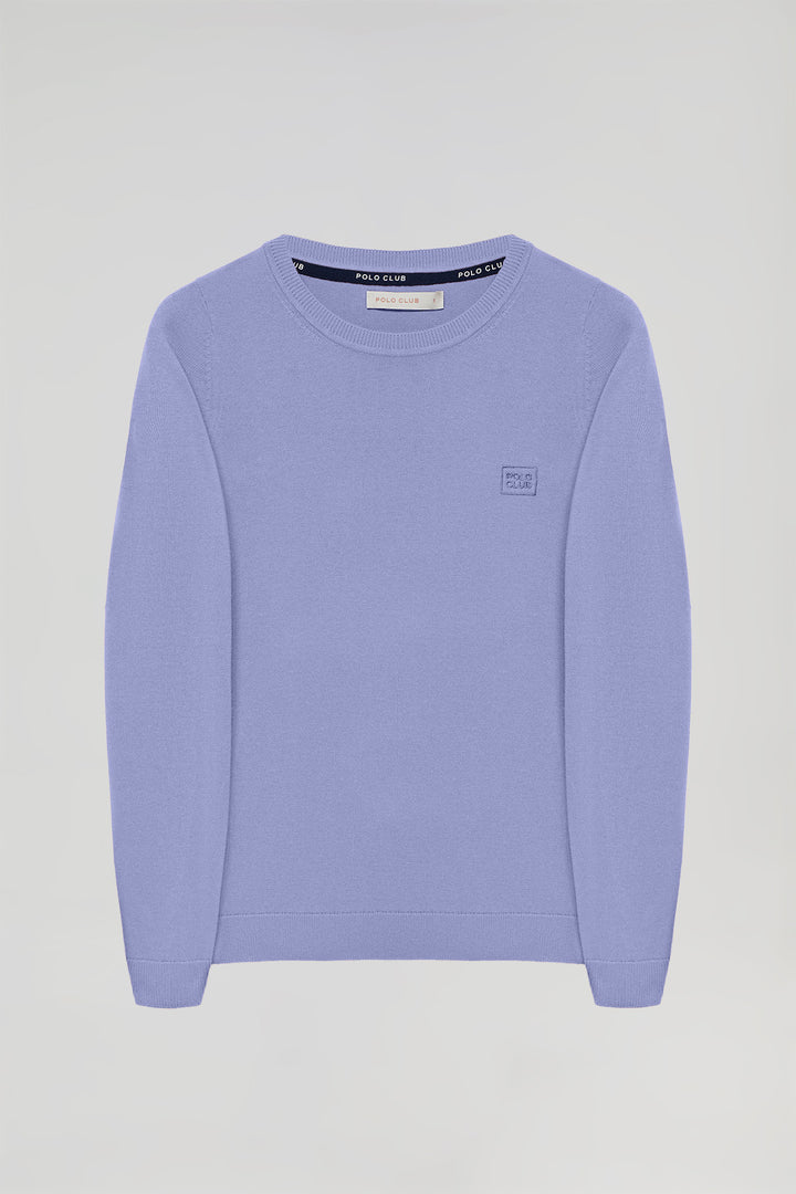 Lavender-blue round-neck basic jumper with embroidered logo in matching colour