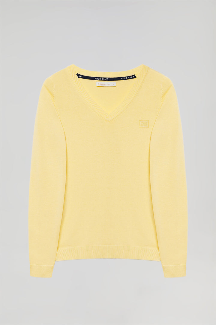 Yellow V-neck basic jumper with embroidered logo in matching colour