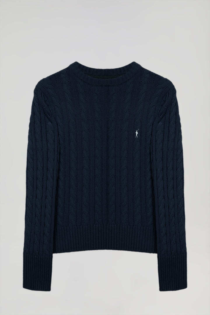 Navy-blue cable-knit jumper with Rigby Go embroidery