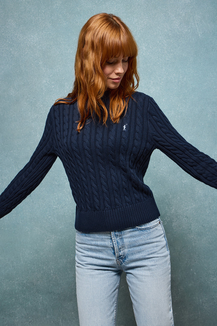 Navy-blue cable-knit jumper with Rigby Go embroidery