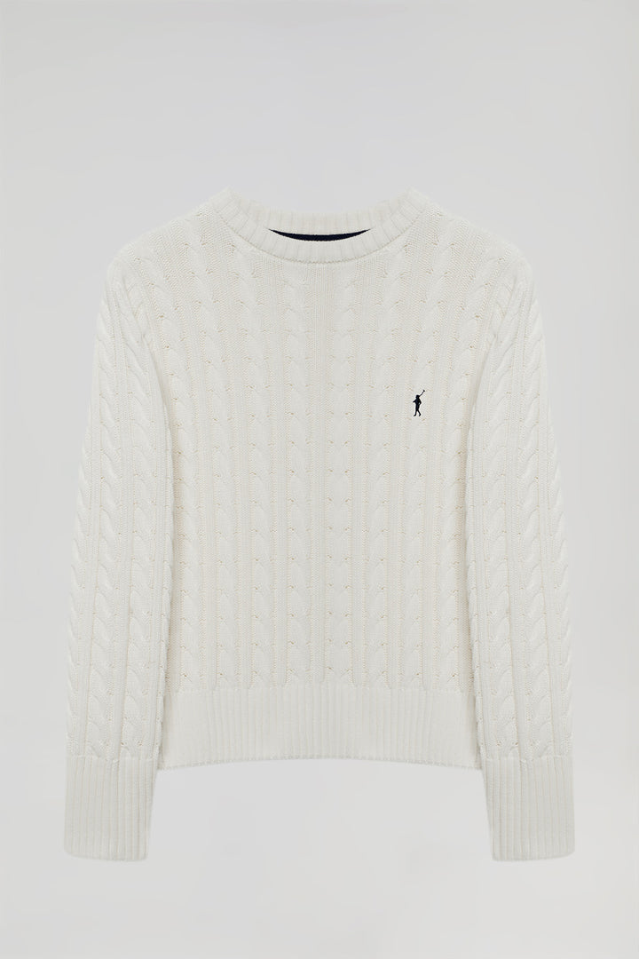 Beige cable-knit jumper with Rigby Go embroidery