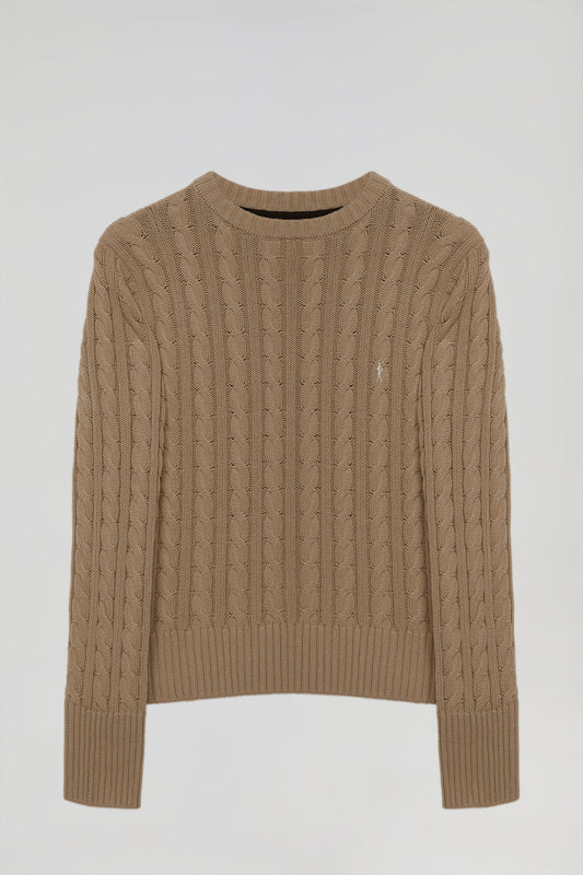 Soft-brown cable-knit jumper with Rigby Go embroidery