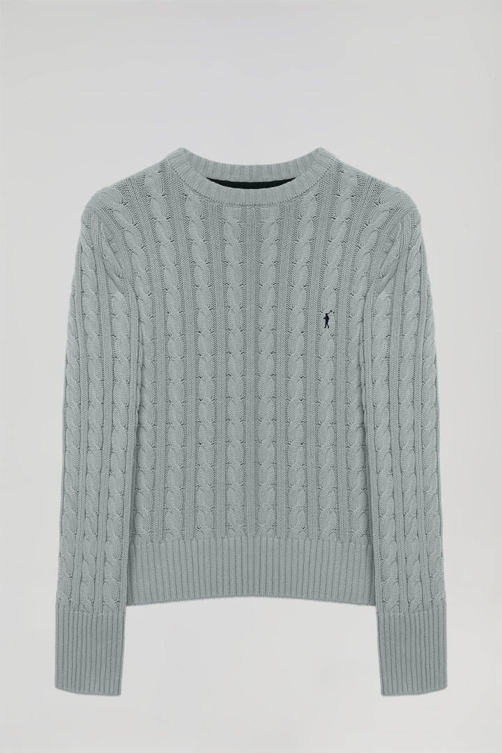 Grey-blue cable-knit jumper with Rigby Go embroidery