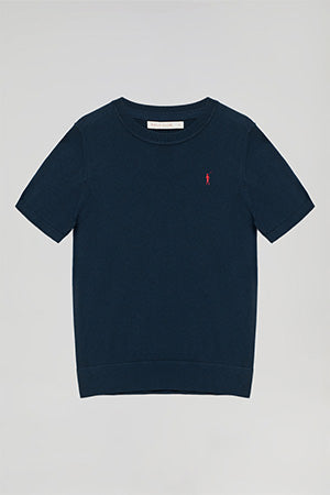 Camisola azul marinho de malha com decote redondo de manga curta e logotipo bordado Rigby Go