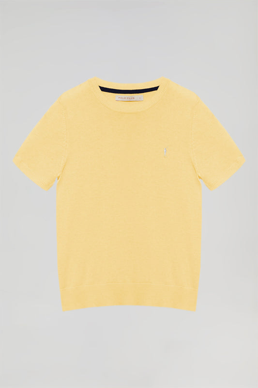 Light-yellow short-sleeve round-neck knit jumper with Rigby Go logo