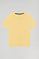 Camisola amarelo suave de malha com decote redondo de manga curta e logotipo bordado Rigby Go