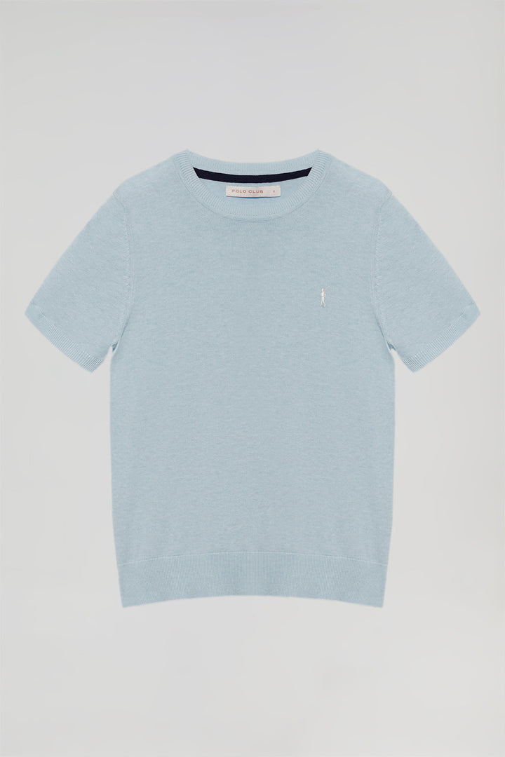 Sky-blue short-sleeve round-neck knit jumper with Rigby Go logo