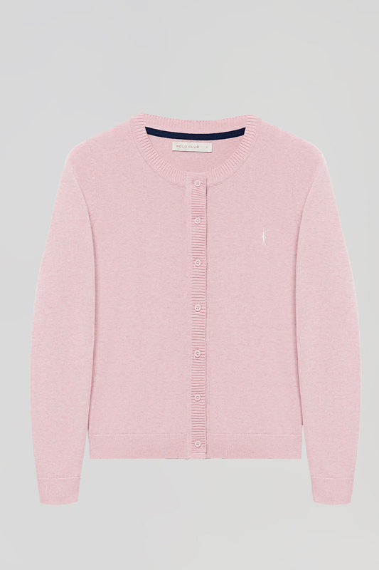 Pink-marl knit cardigan with buttons and embroidered Rigby Go logo