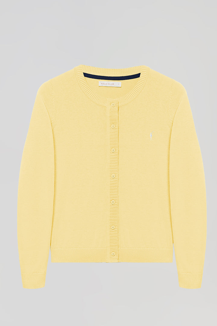 Light-yellow knit cardigan with buttons and embroidered Rigby Go logo