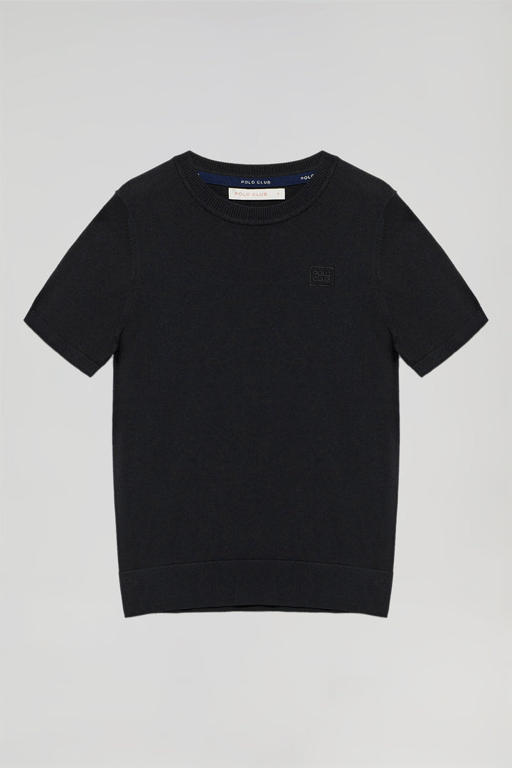 Jersey negro de punto con cuello redondo de manga corta y logo bordado al tono