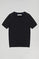 Black round-neck short-sleeve knit jumper with embroidered logo in matching colour
