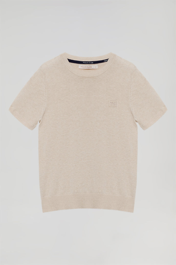 Beige round-neck short-sleeve knit jumper with embroidered logo in matching colour