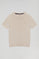 Beige round-neck short-sleeve knit jumper with embroidered logo in matching colour