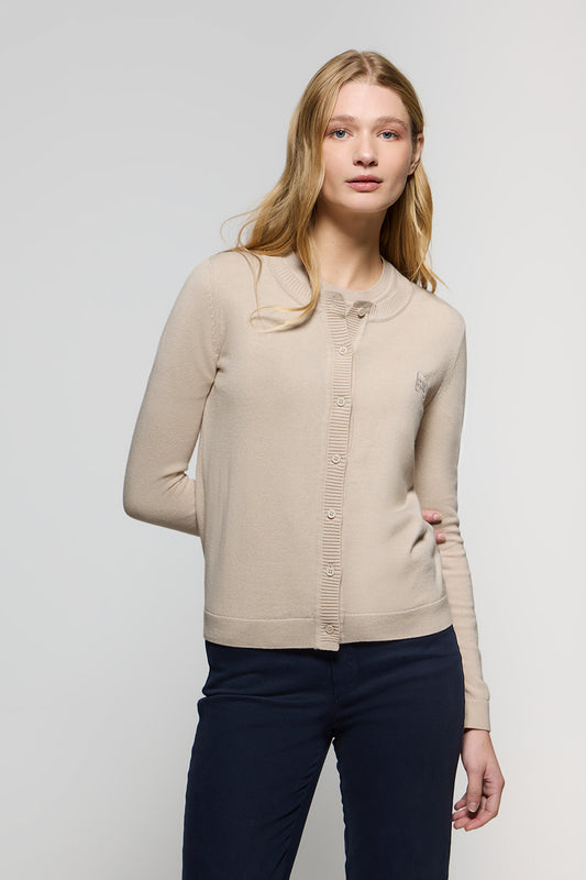 Beige knit cardigan with buttons and embroidered logo matching colour
