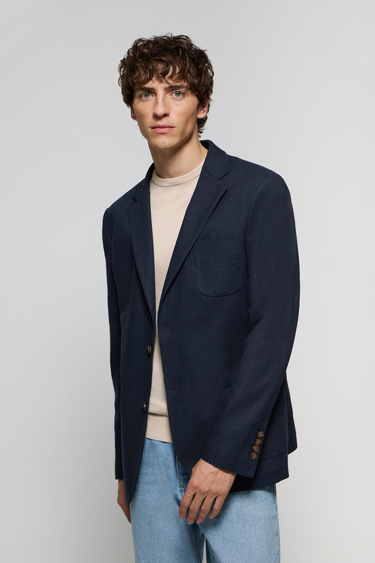 Navy-blue buttoned linen blazer with Polo Club details