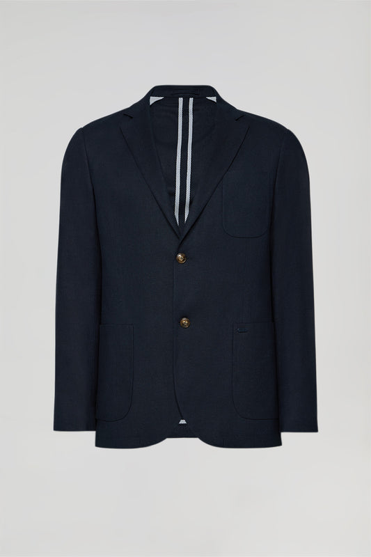 Navy-blue buttoned linen blazer with Polo Club details